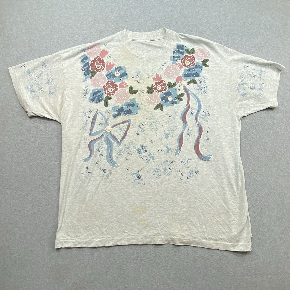TShirt Sz XL Womens Grey‎ Vintage Floral Puff Print Bow Gem Grandma Boho Retro